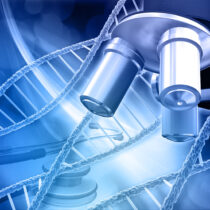 Abstract medical background with DNA strands, microscope and stethoscope